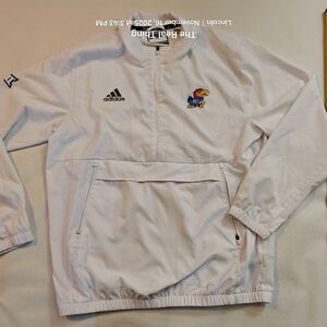 Adidas Mens White Raincoat with University of Kansas Jayhawks logo.